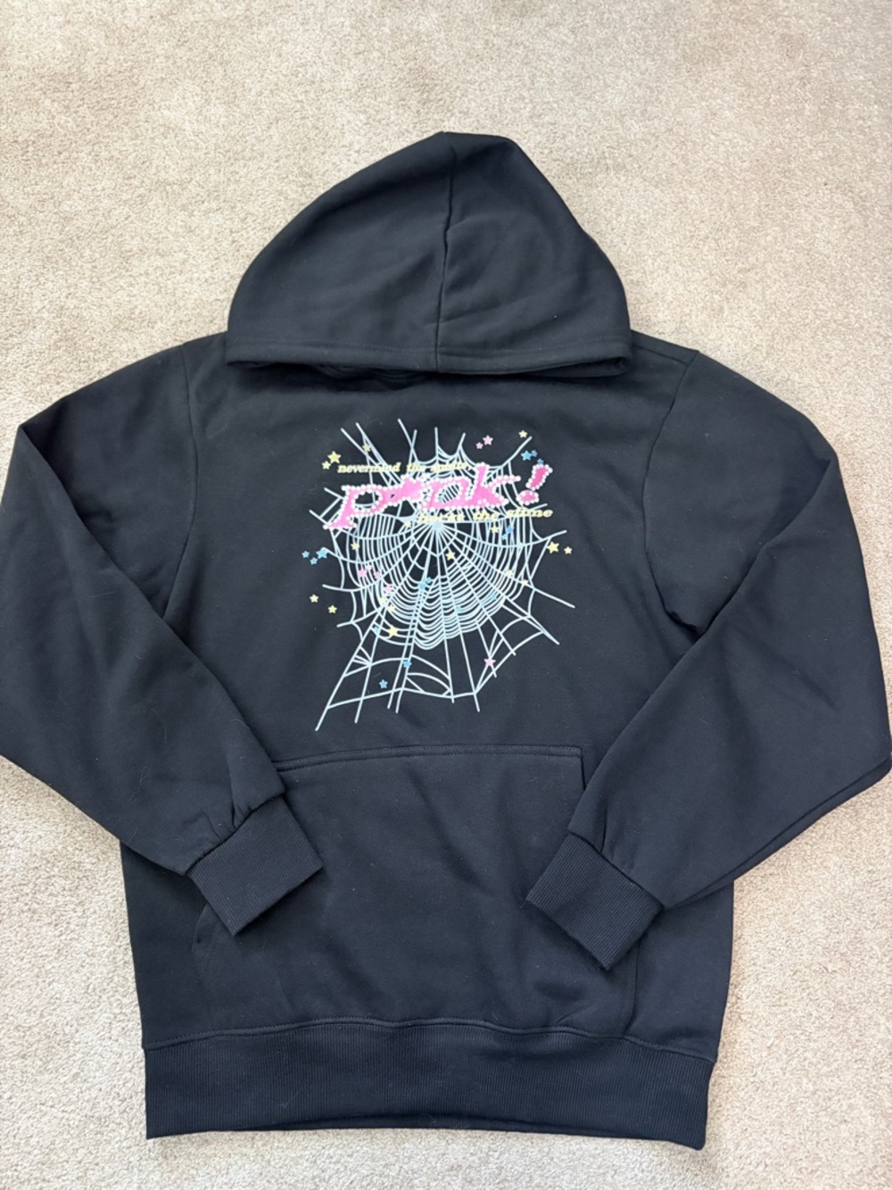 Spider Rep Black Graphic Hoodie with Pastel Spiderweb Design